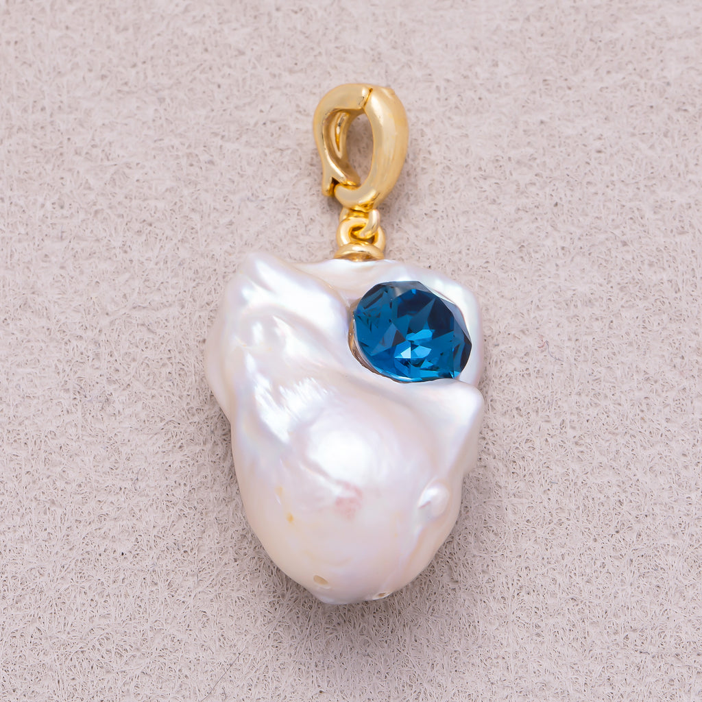 18K Gold Plated Blue CZ White Freshwater Pearl Conch Shell Pendant - Sold Each