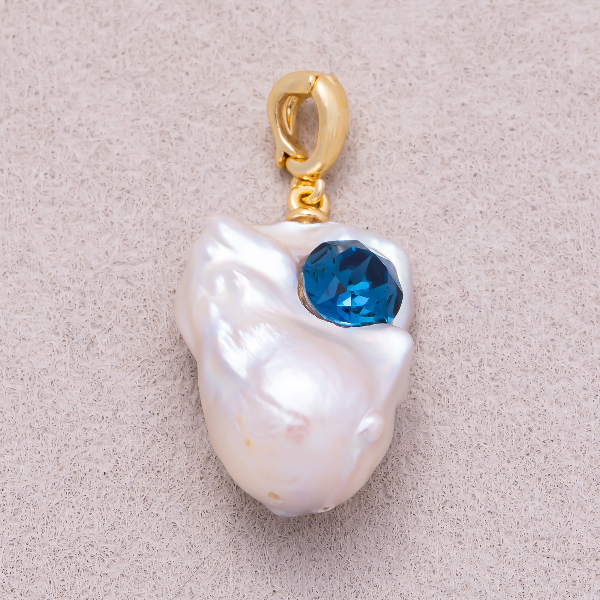 18K Gold Plated Blue CZ White Freshwater Pearl Conch Shell Pendant - Sold Each