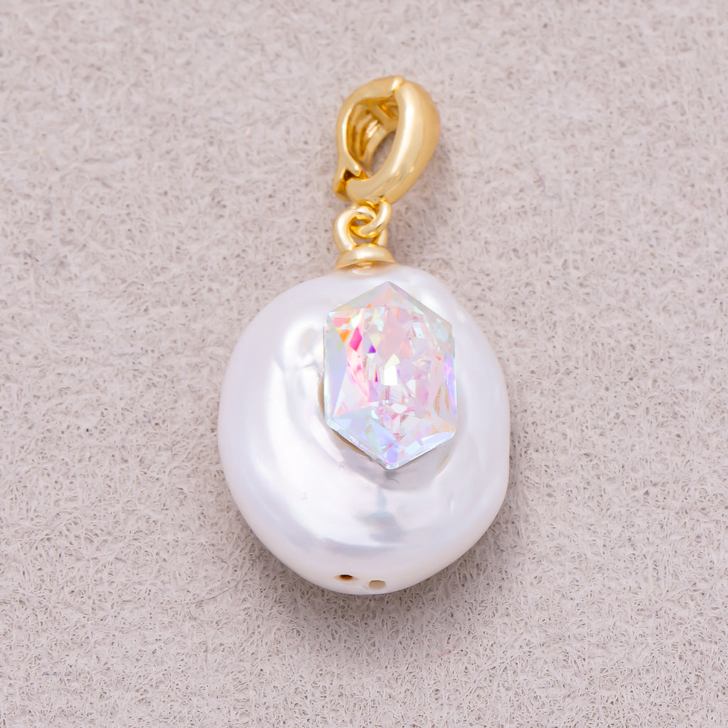 18K Gold Plated Hexagon CZ Baroque White Freshwater Pearl Coin Pendant - Sold Each