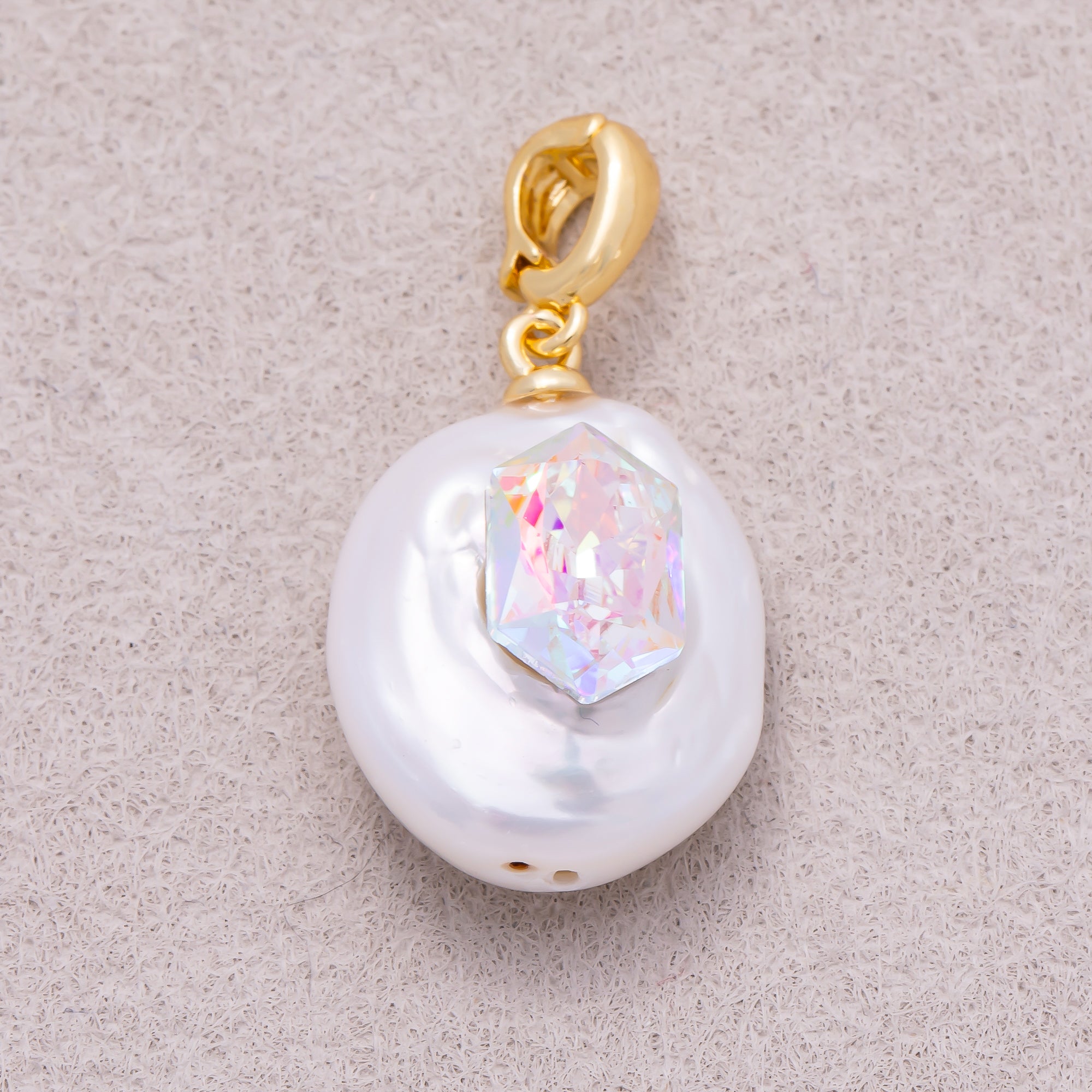 18K Gold Plated Hexagon CZ Baroque White Freshwater Pearl Coin Pendant - Sold Each
