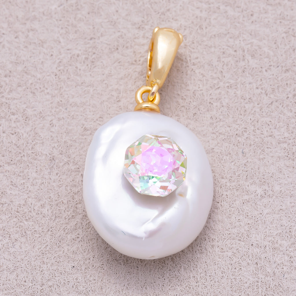 18K Gold Plated Clear CZ Baroque White Freshwater Pearl Coin Pendant - Sold Each