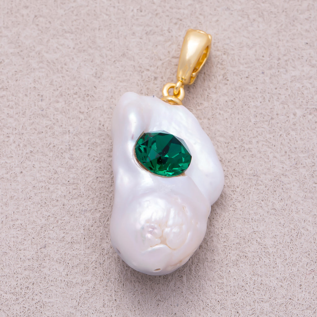 18K Gold Plated Green CZ White Freshwater Pearl Conch Shell Pendant - Sold Each