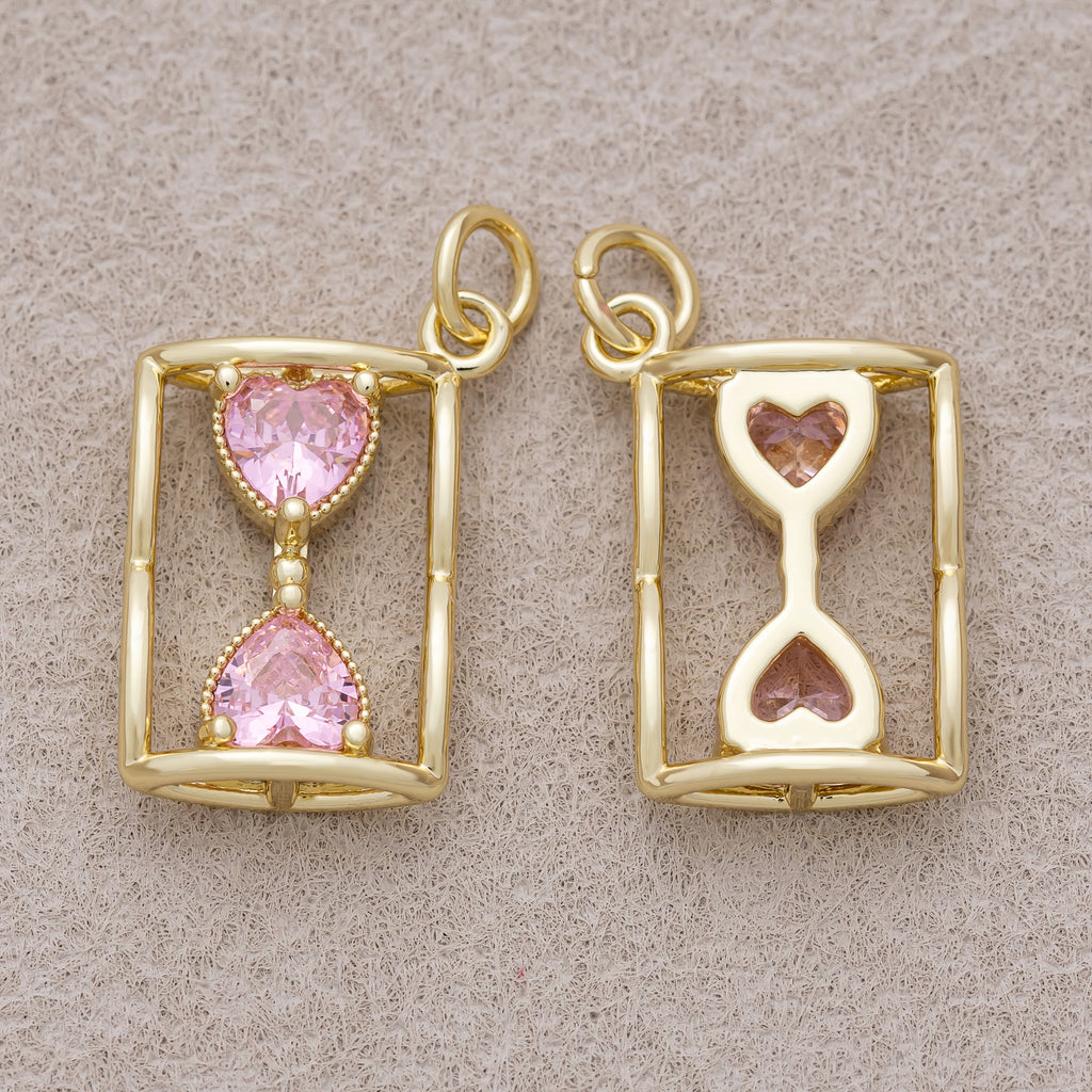16K Gold Plated Pink CZ Ribbed Heart Hourglass Open Charm - Sold Each