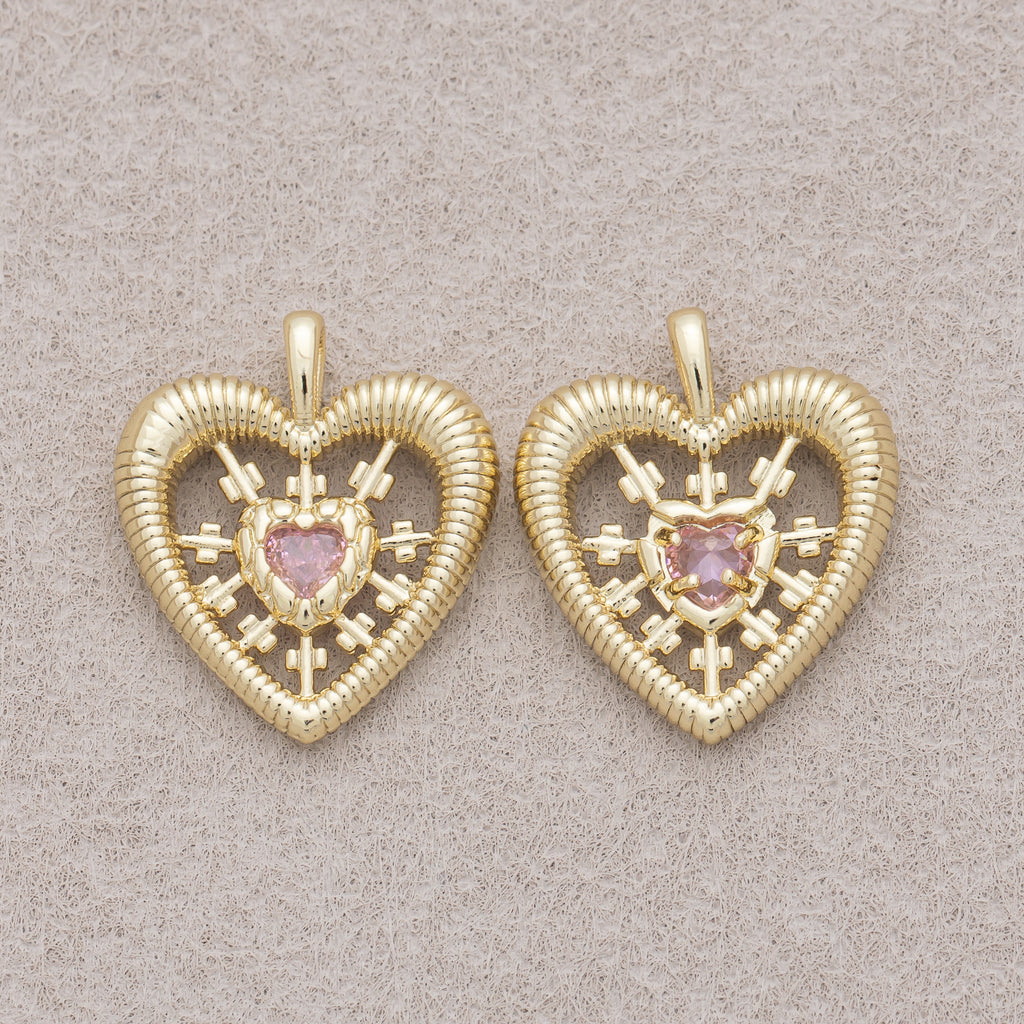 16K Gold Plated Pink CZ Ribbed Sunburst Open Heart Pendant - Sold Each