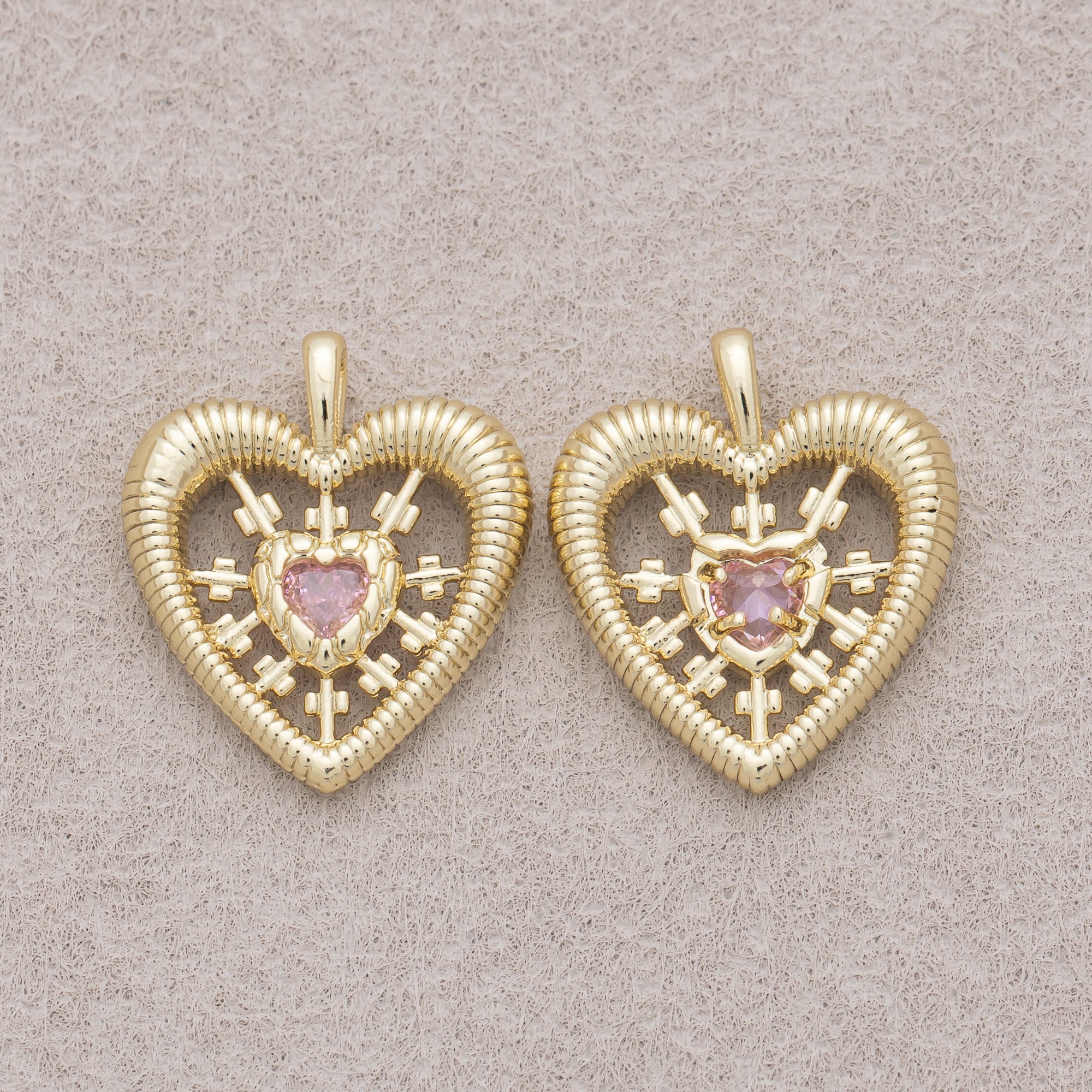 16K Gold Plated Pink CZ Ribbed Sunburst Open Heart Pendant - Sold Each