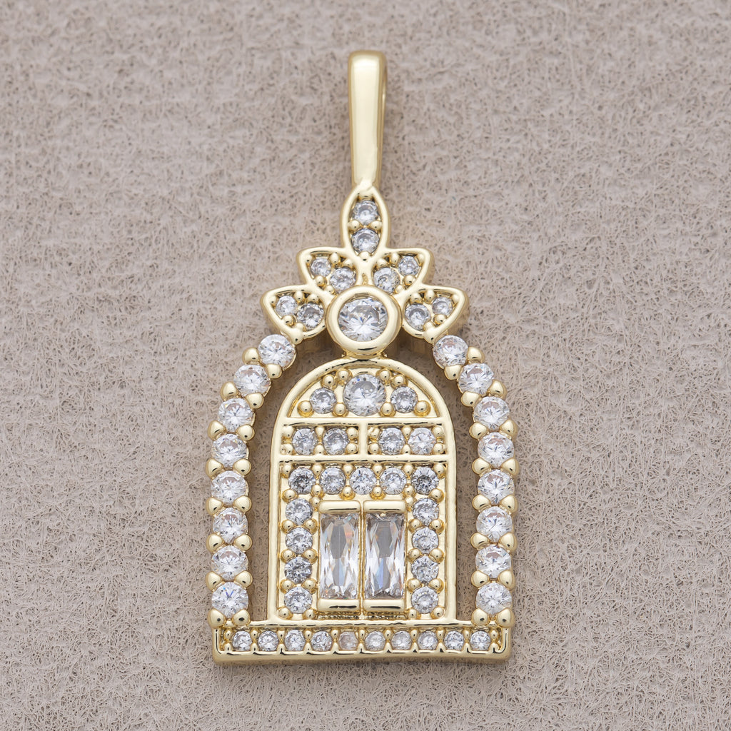 16K Gold Plated Clear Baguette Micro Paved CZ Flower Garden Gate Doorway Pendant - Sold Each