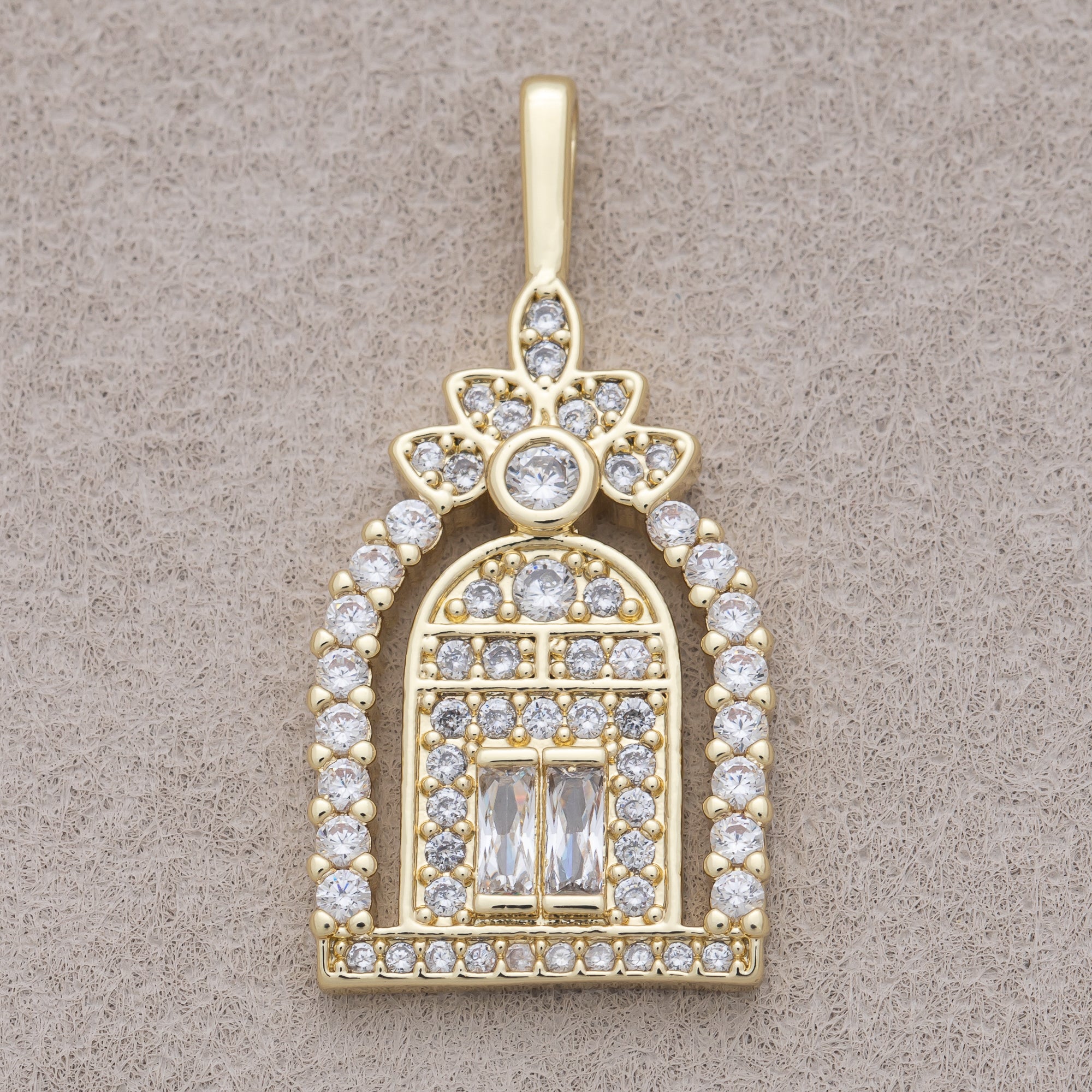 16K Gold Plated Clear Baguette Micro Paved CZ Flower Garden Gate Doorway Pendant - Sold Each