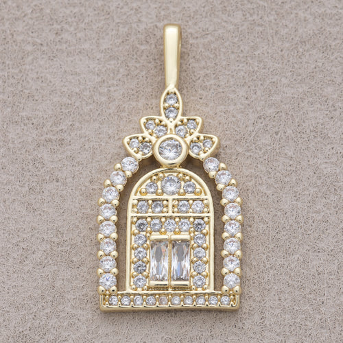 16K Gold Plated Clear Baguette Micro Paved CZ Flower Garden Gate Doorway Pendant - Sold Each