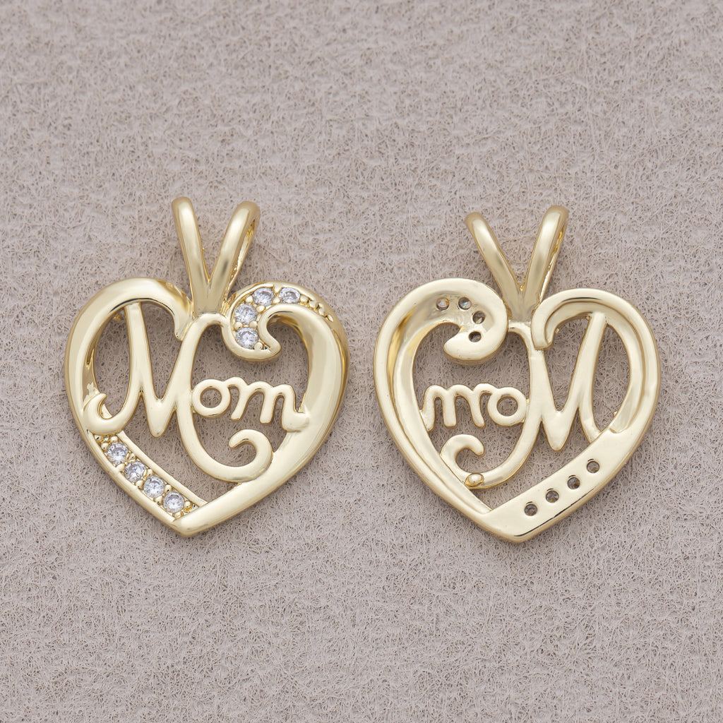 16K Gold Plated Pretty "MOM" Micro Paved CZ Heart Pendant - Sold Each