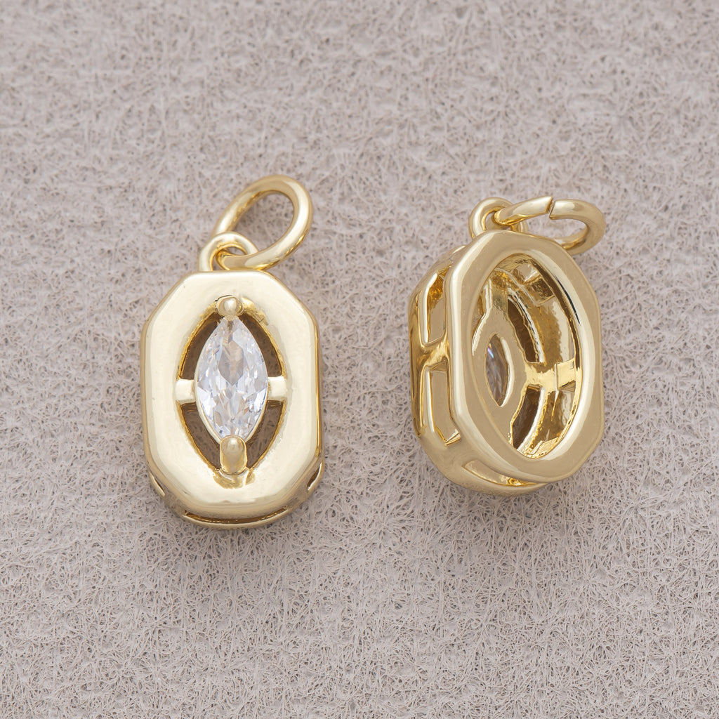 16K Gold Plated Minimalist Marquise CZ Bezel Hexagonal Charm - Sold Each