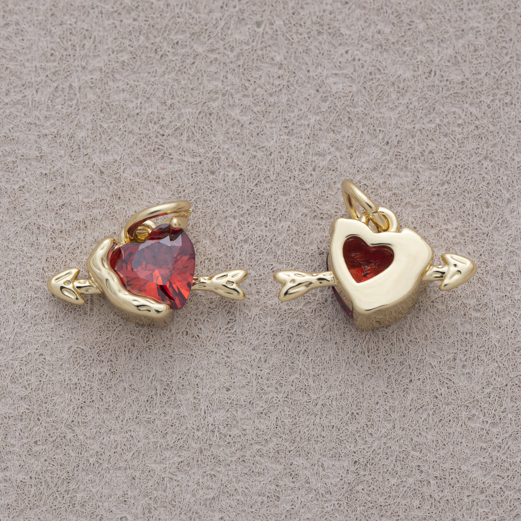 16K Gold Plated Red CZ Cupid Arrow Heart Mini Charm - Sold Each