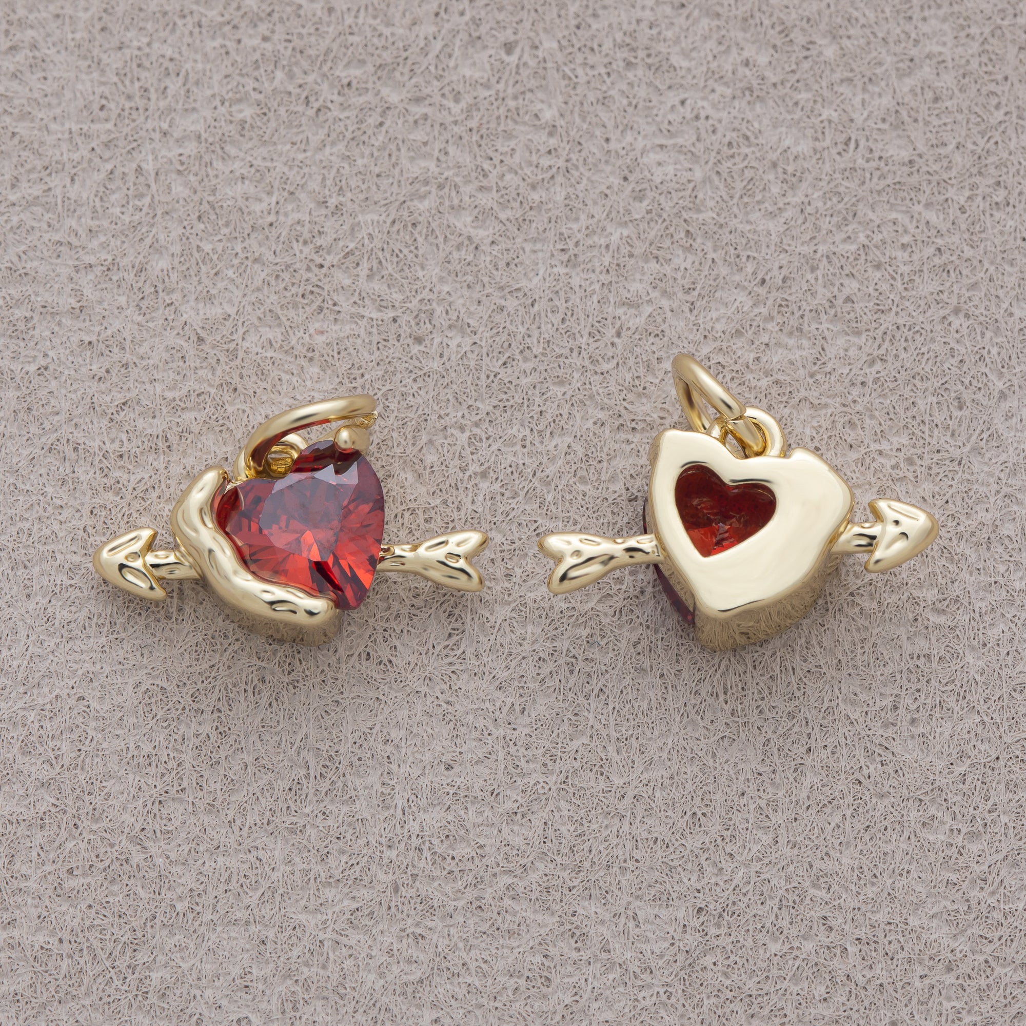 16K Gold Plated Red CZ Cupid Arrow Heart Mini Charm - Sold Each