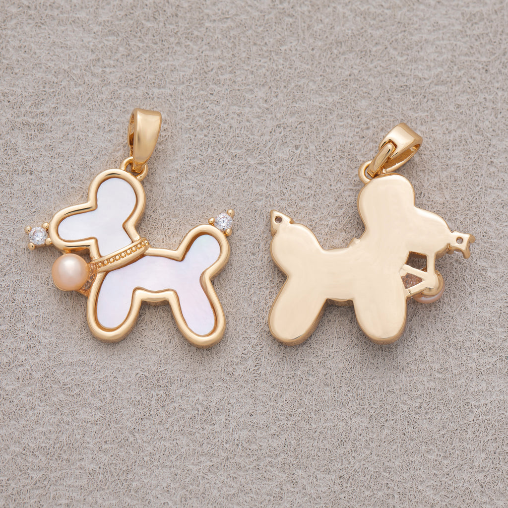 16K Gold Plated CZ Pink Shell Pearl Puppy Pet Pendant - Sold Each