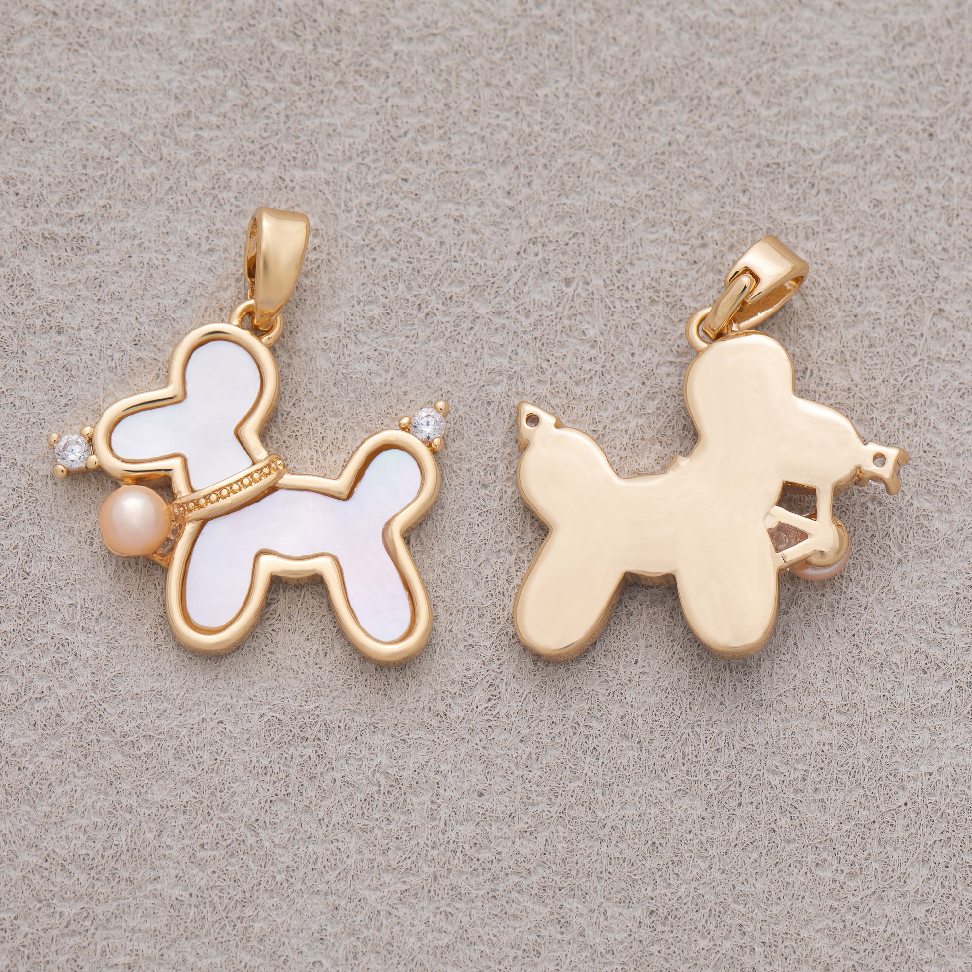 16K Gold Plated CZ Pink Shell Pearl Puppy Pet Pendant - Sold Each