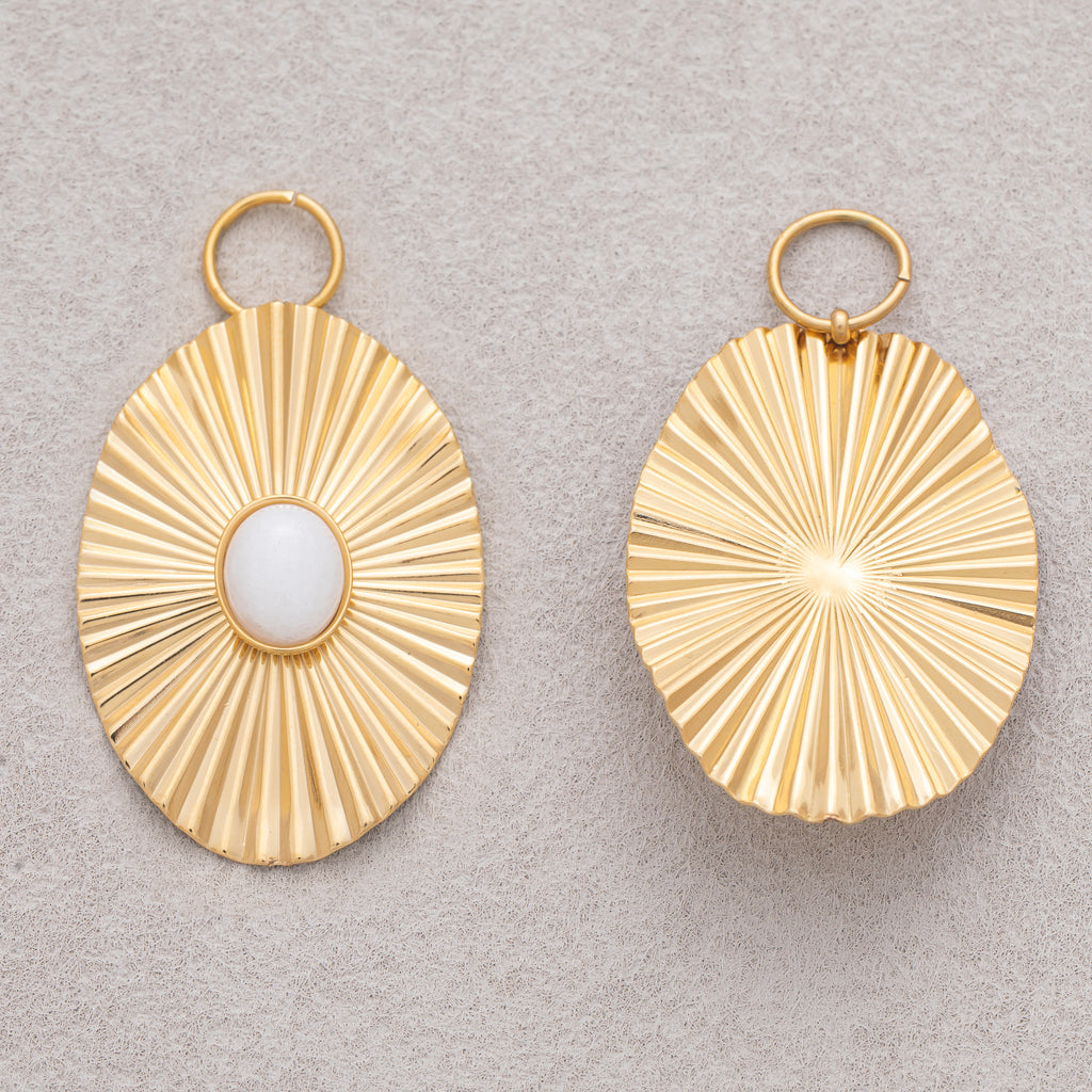 Gold PVD Stainless Steel White Quartz Oval Sunburst Pendant