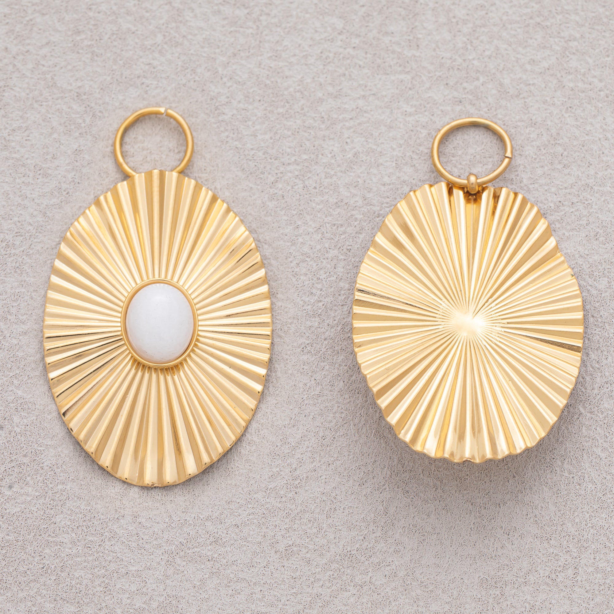 Gold PVD Stainless Steel White Quartz Oval Sunburst Pendant