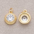 16K Gold Plated Clear CZ Minimalist Bezel Round Charm - Sold Each