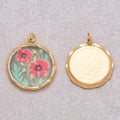 Gold PVD Stainless Steel Hand-Painted Red Poppy Flower Round Charm