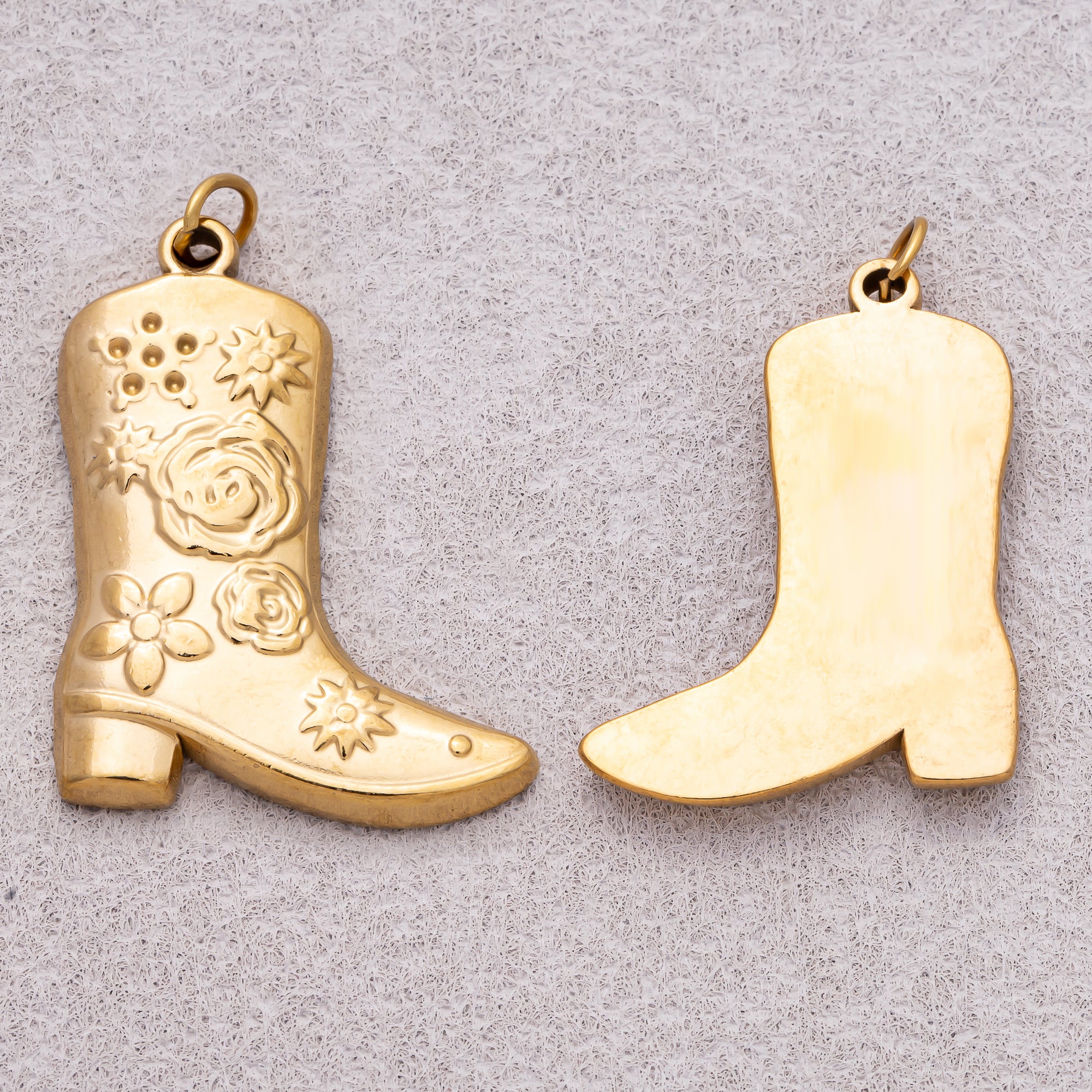 Gold PVD Stainless Steel Artisan Flower Cowboy Boots Shoes Charm