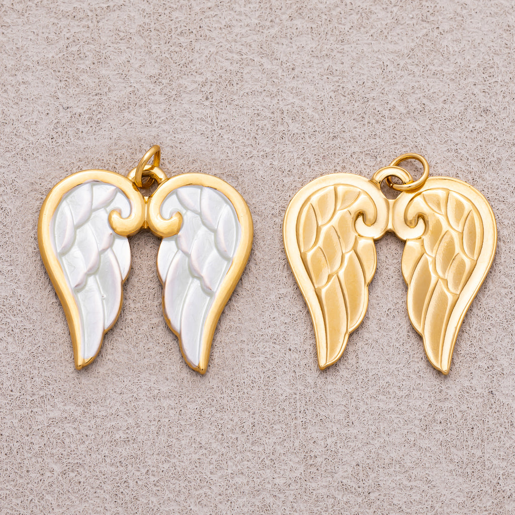 Gold PVD Stainless Steel White Enamel Guardian Angel Wings Charm