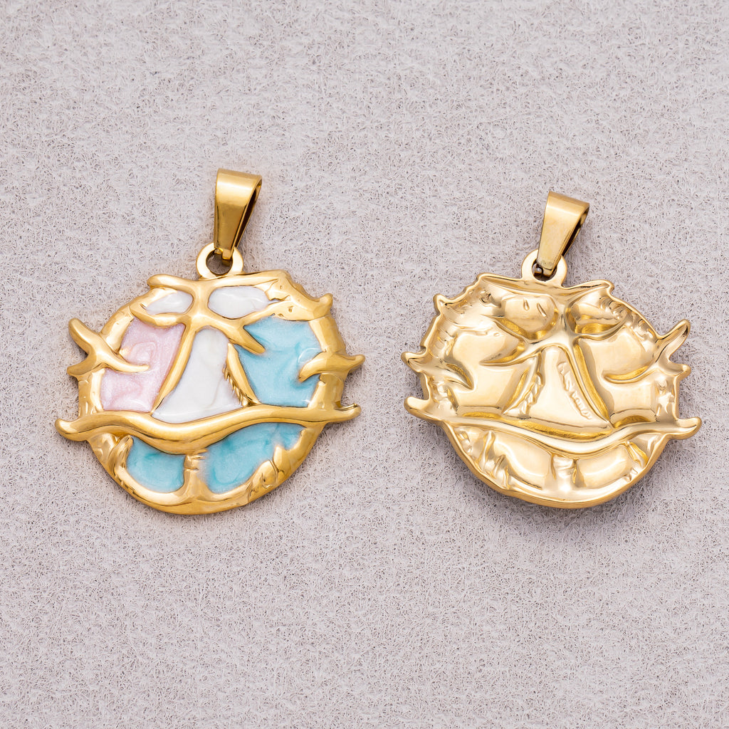 Gold PVD Stainless Steel Blue White Pink Enamel Art Under the Sea Coral Pendant