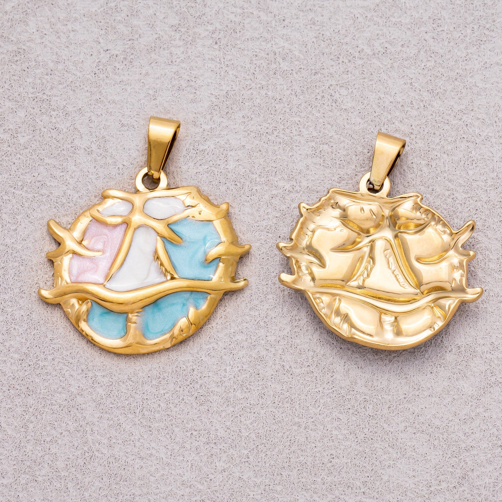 Gold PVD Stainless Steel Blue White Pink Enamel Art Under the Sea Coral Pendant