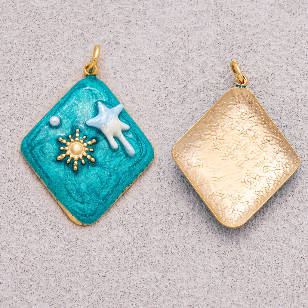 Gold PVD Stainless Steel Blue Molten Star and Sunburst Enamel Rhombus Charm