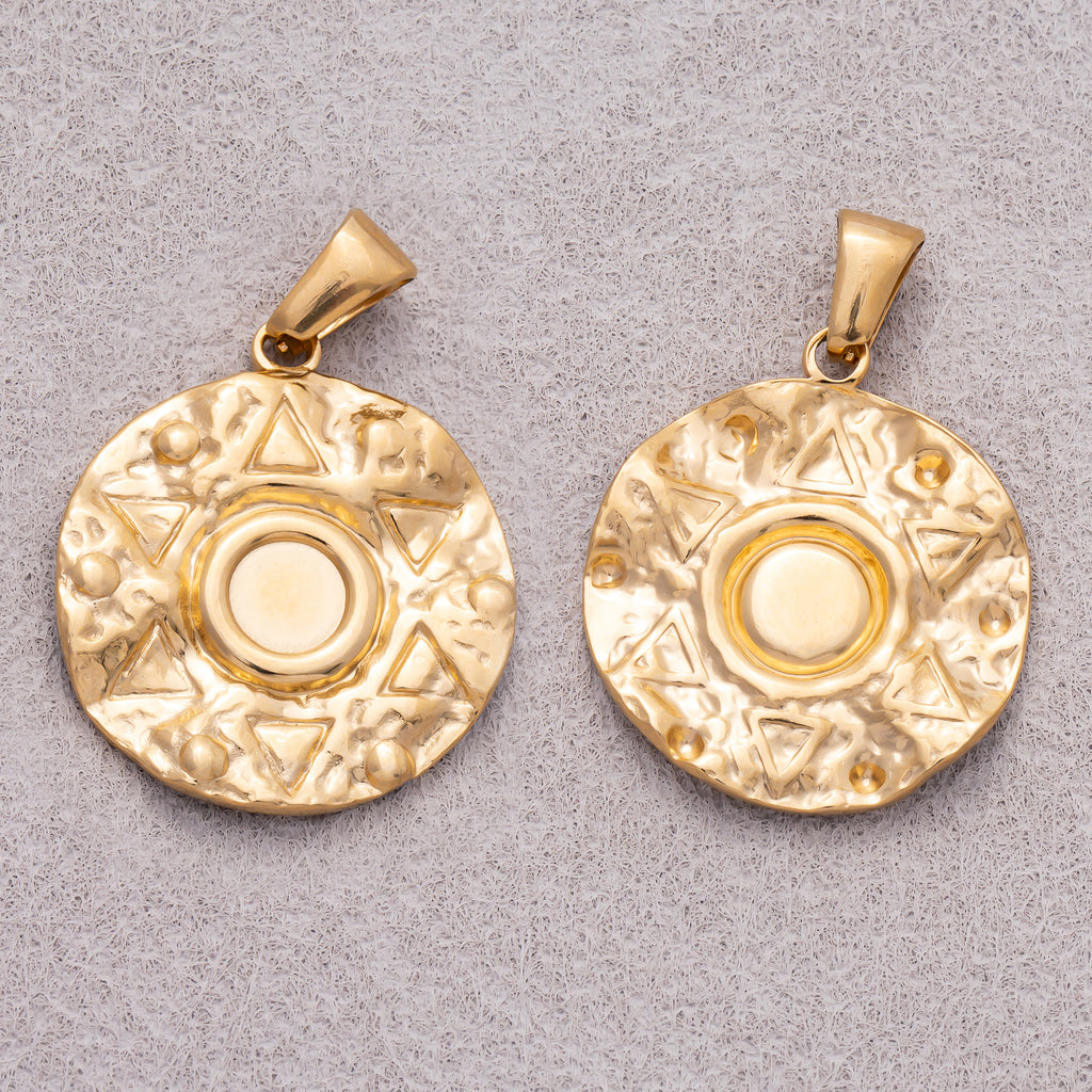 Gold PVD Stainless Steel Hammered Aztec Textured Medallion Charm