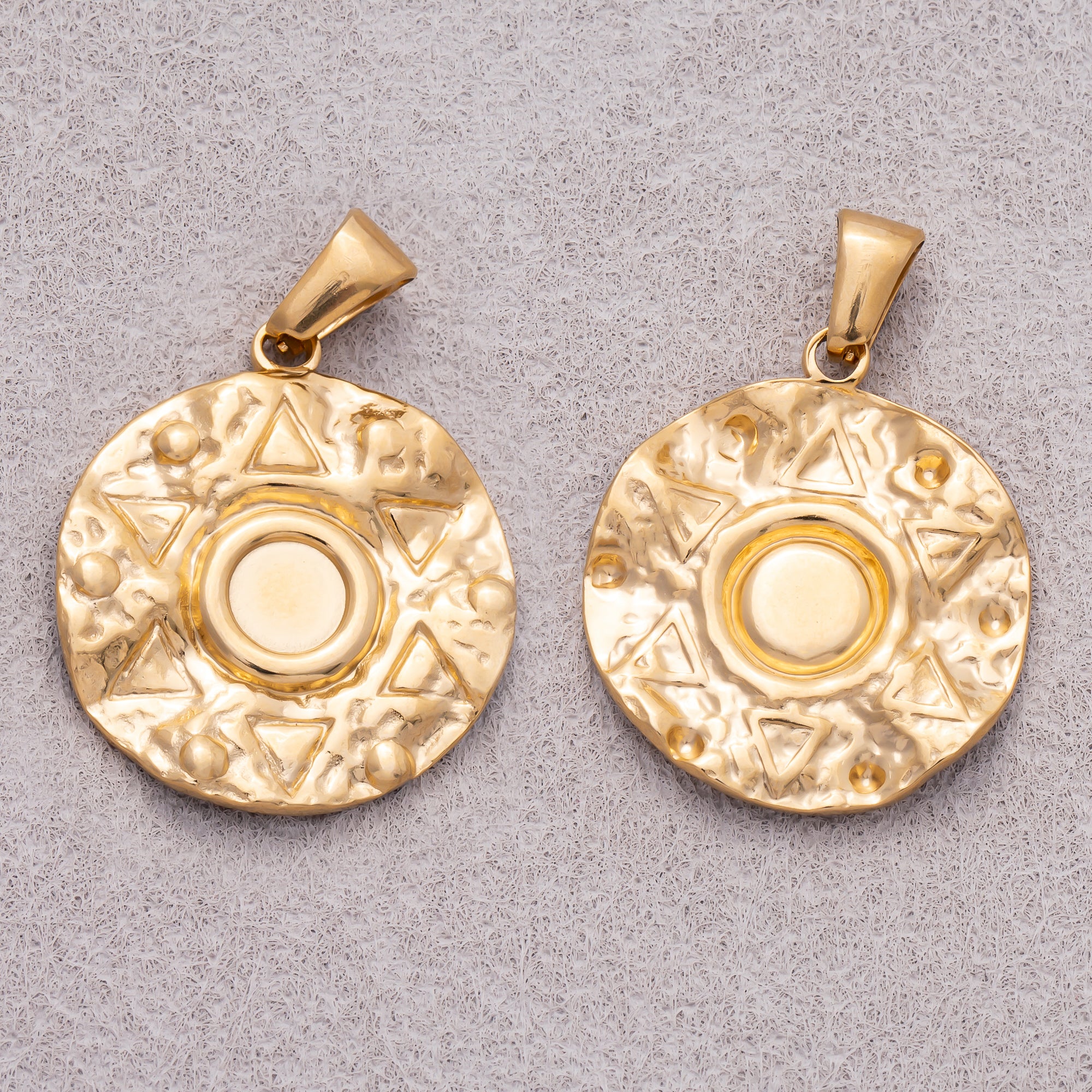Gold PVD Stainless Steel Hammered Aztec Textured Medallion Charm