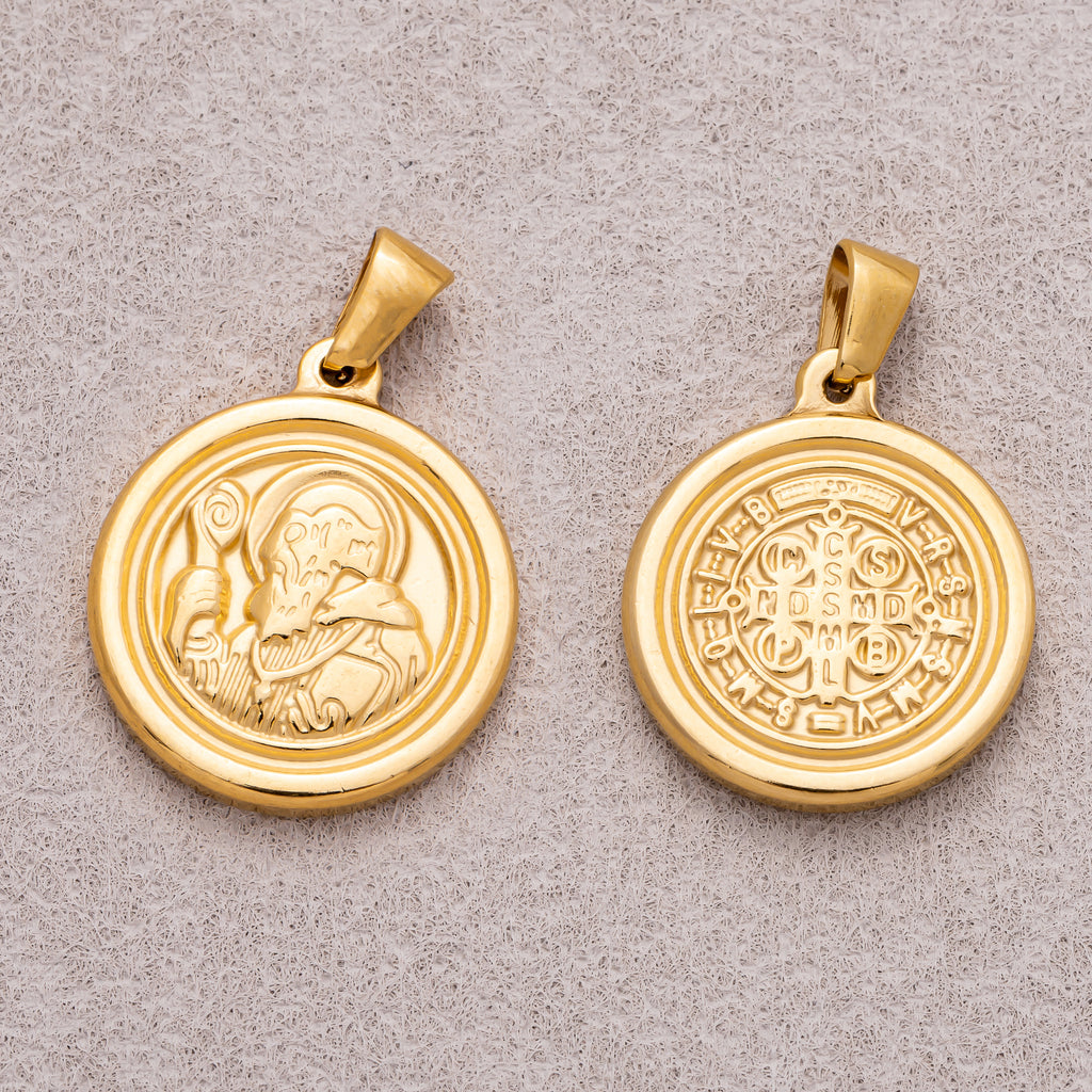 Gold PVD Stainless Steel Saint Benedict Religious Medallion Pendant