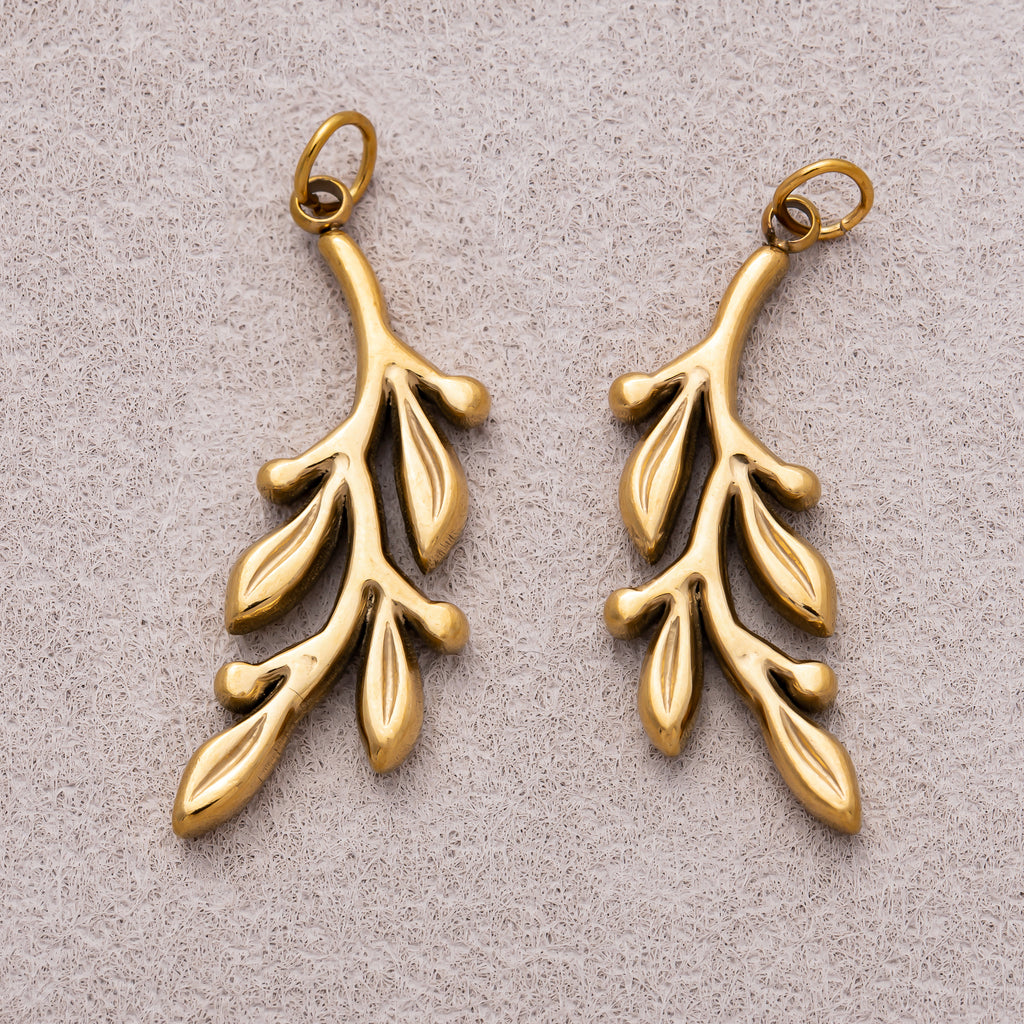 Gold PVD Stainless Steel Minimalist Branch Leaf Plant Charm