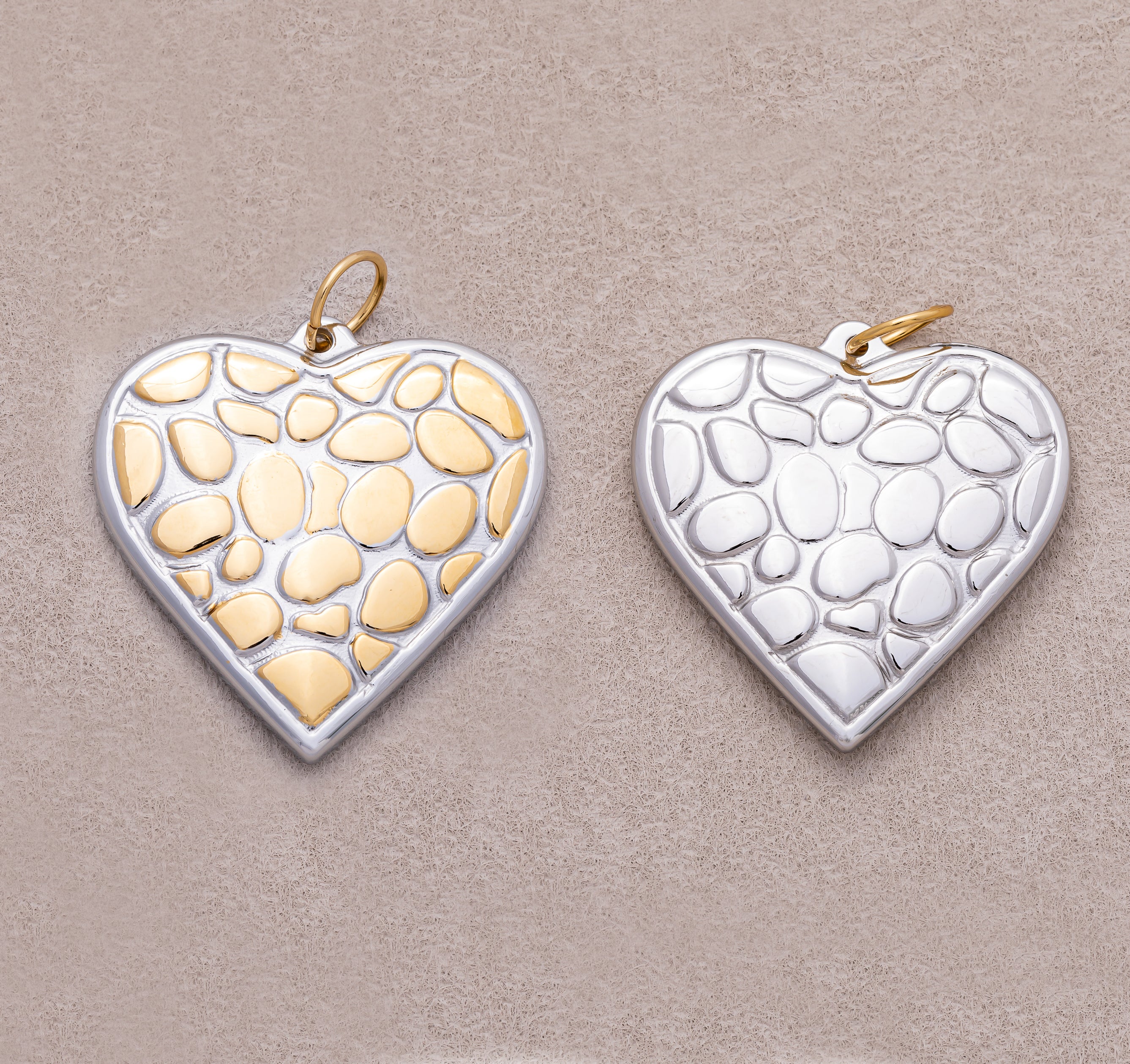 Gold PVD Stainless Steel Mixed Metal Textured Heart Charm