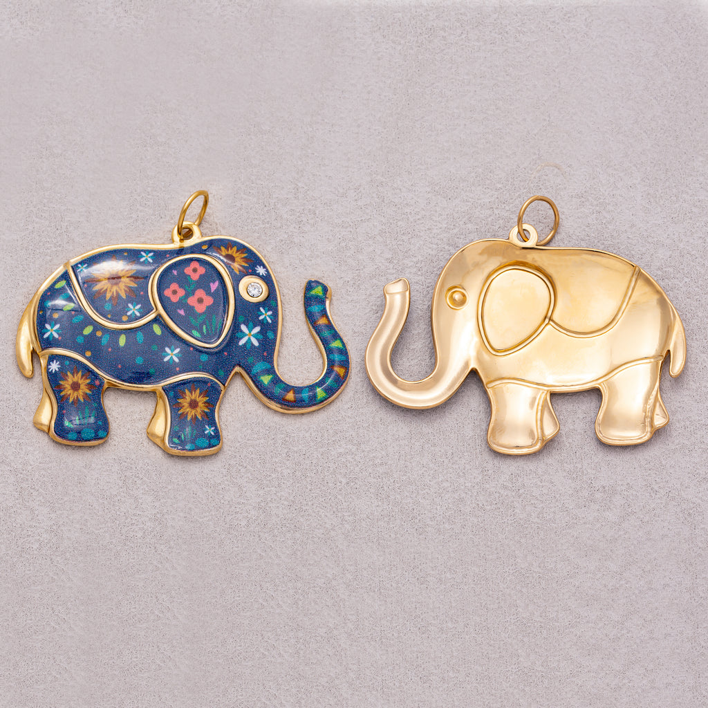 Gold PVD Stainless Steel Blue Flower Enamel CZ Elephant Statement Charm