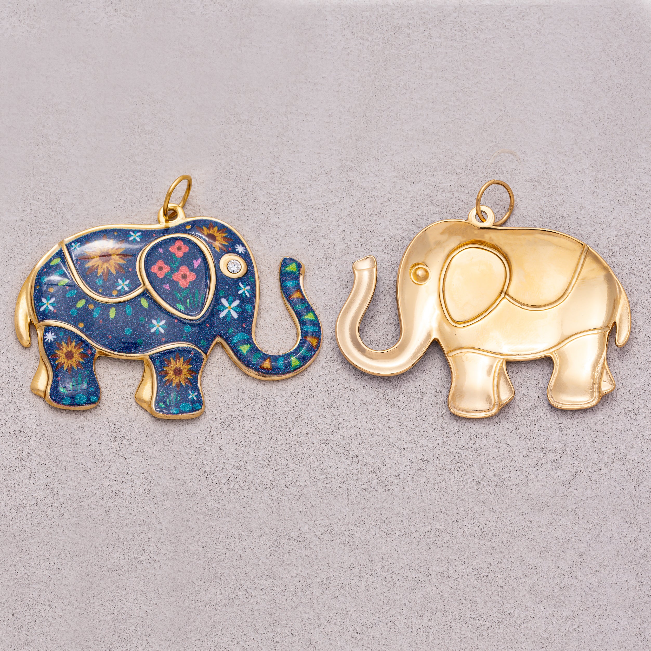 Gold PVD Stainless Steel Blue Flower Enamel CZ Elephant Statement Charm