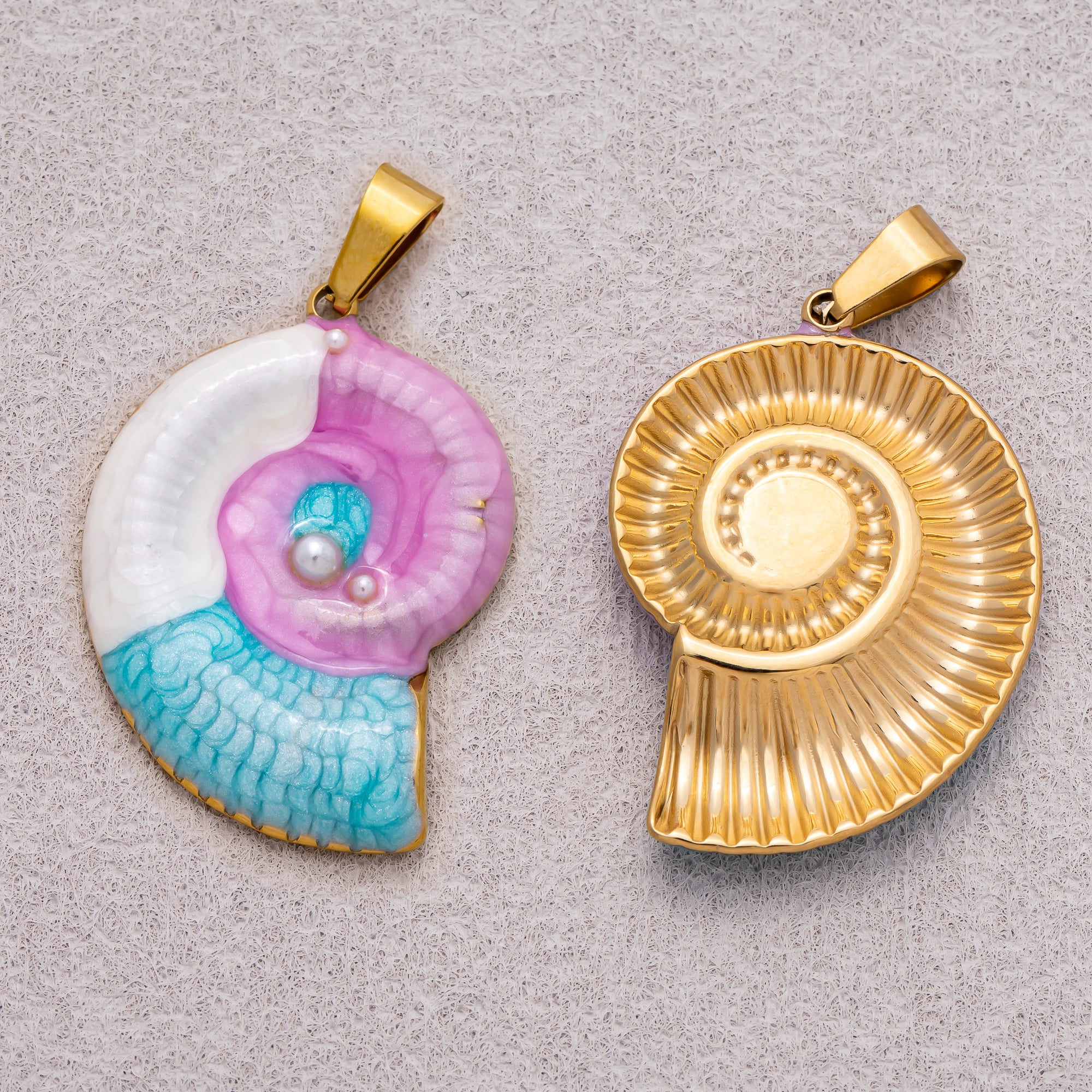 Gold PVD Stainless Steel Blue & Purple Enamel Art Nautical Ammonite Shell Pendant
