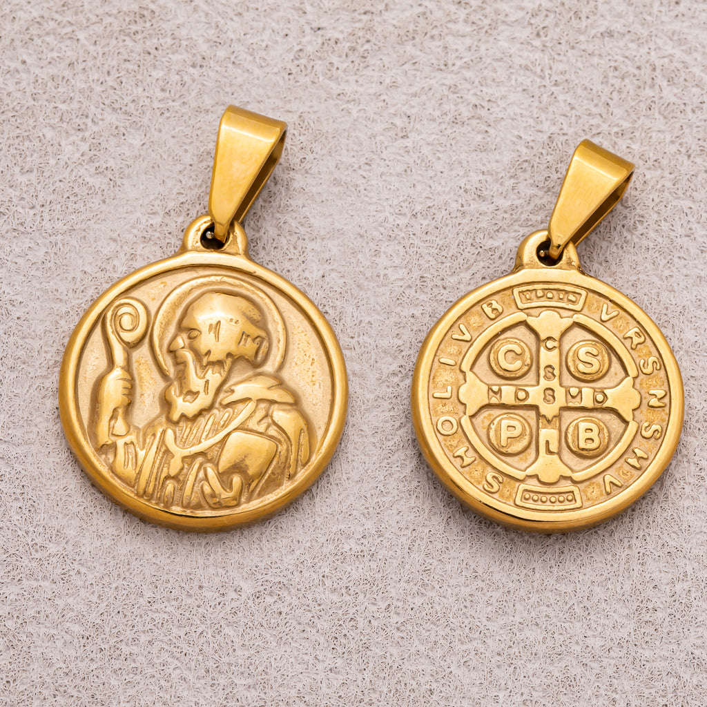 Gold PVD Stainless Steel Saint Benedict Religious Medallion Pendant Double Sided