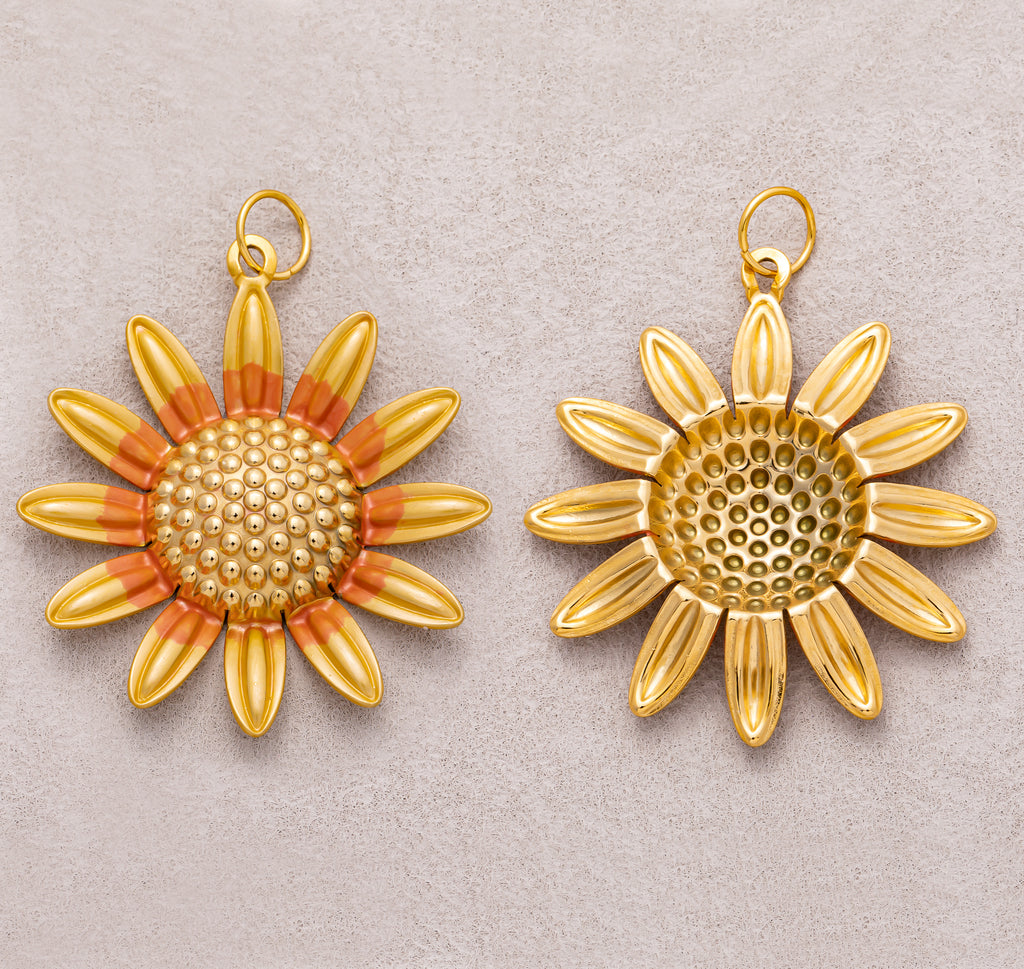 Gold PVD Stainless Steel Textured Sunflower Pendant