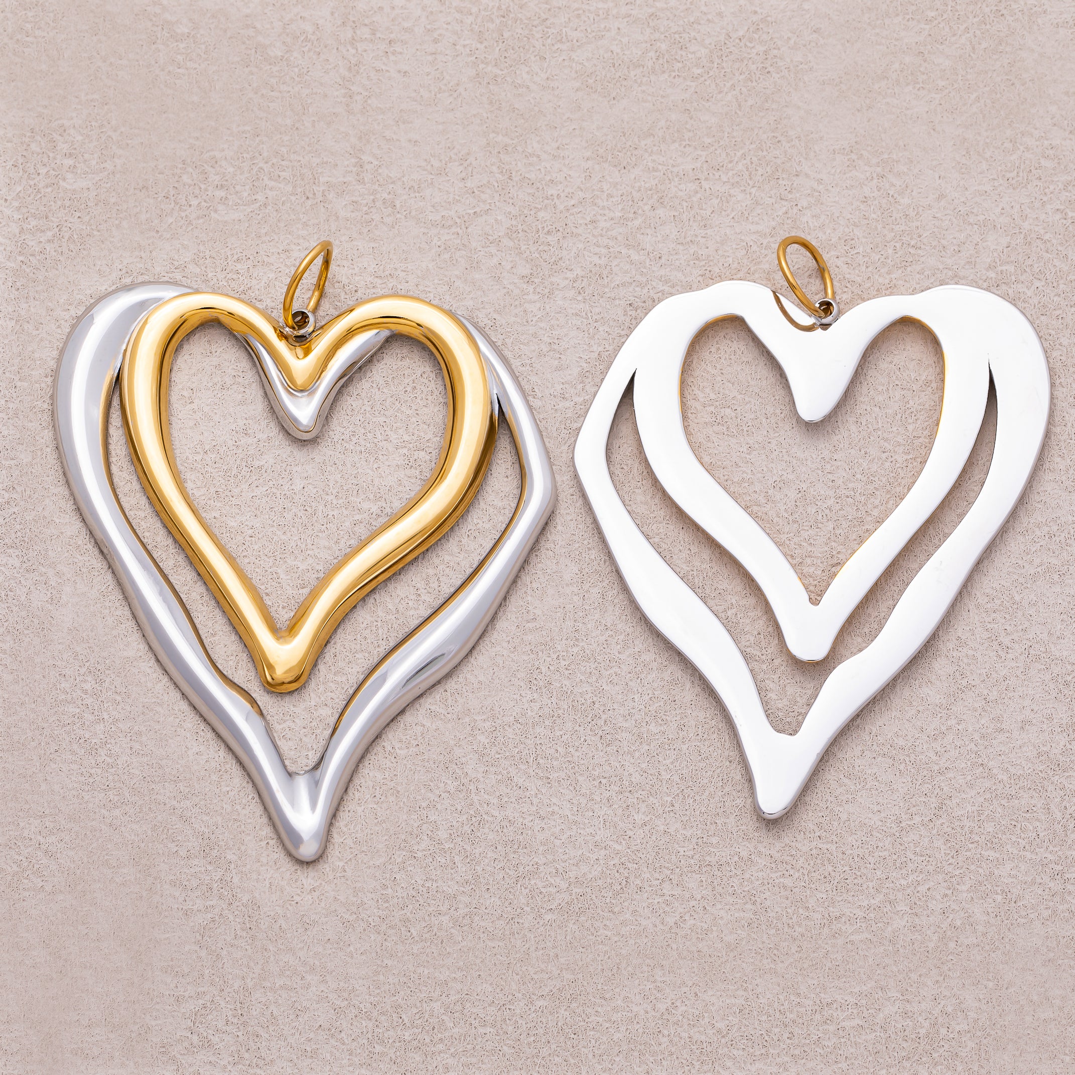 Gold PVD Stainless Steel Double Heart Open Charm