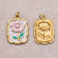 Gold PVD Stainless Steel Shell Pearl Pink Daisy Flower Enamel Tag Rectangular Charm