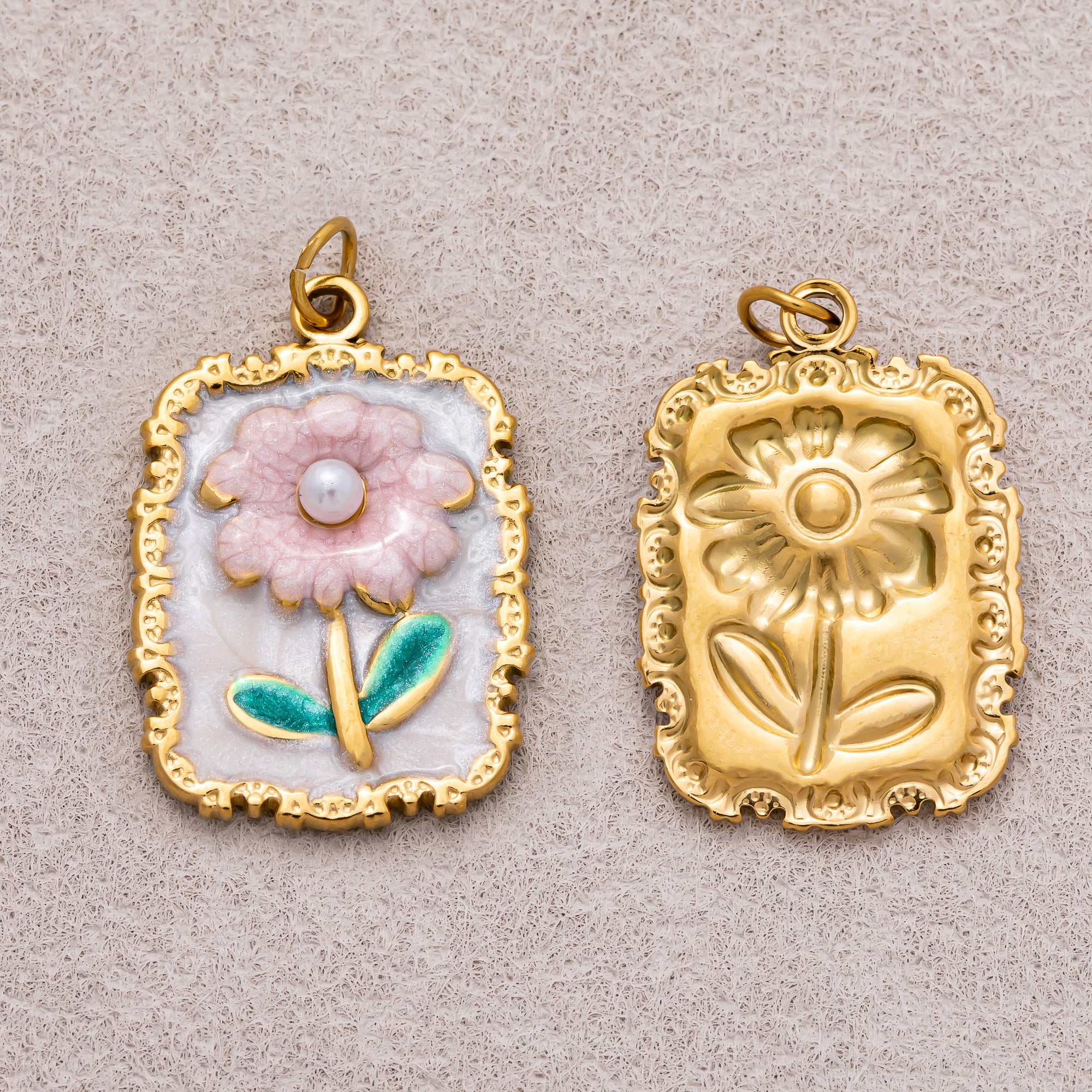 Gold PVD Stainless Steel Shell Pearl Pink Daisy Flower Enamel Tag Rectangular Charm