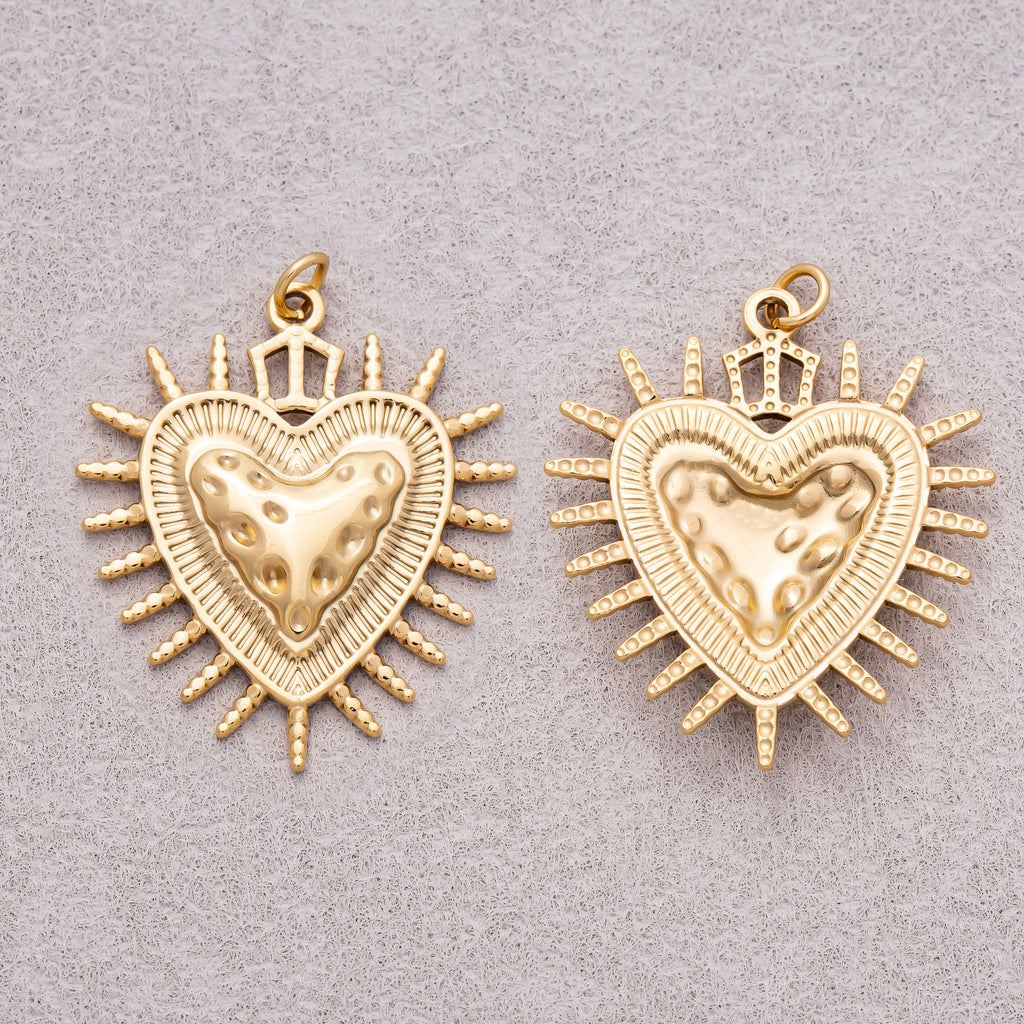 Gold PVD Stainless Steel Hammered Shield Heart Sunburst Charm