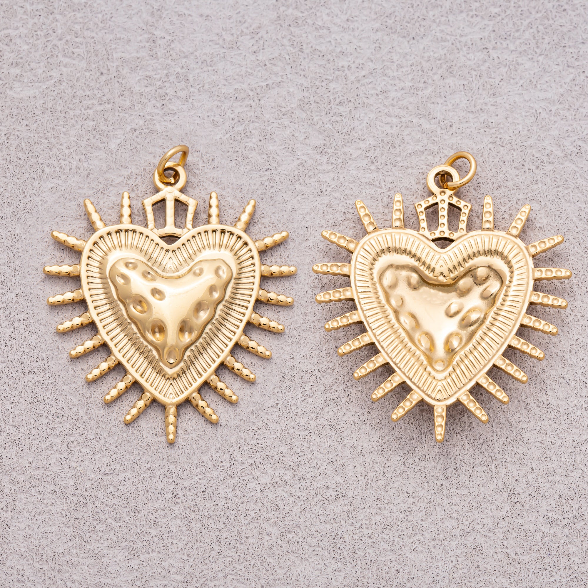 Gold PVD Stainless Steel Hammered Shield Heart Sunburst Charm