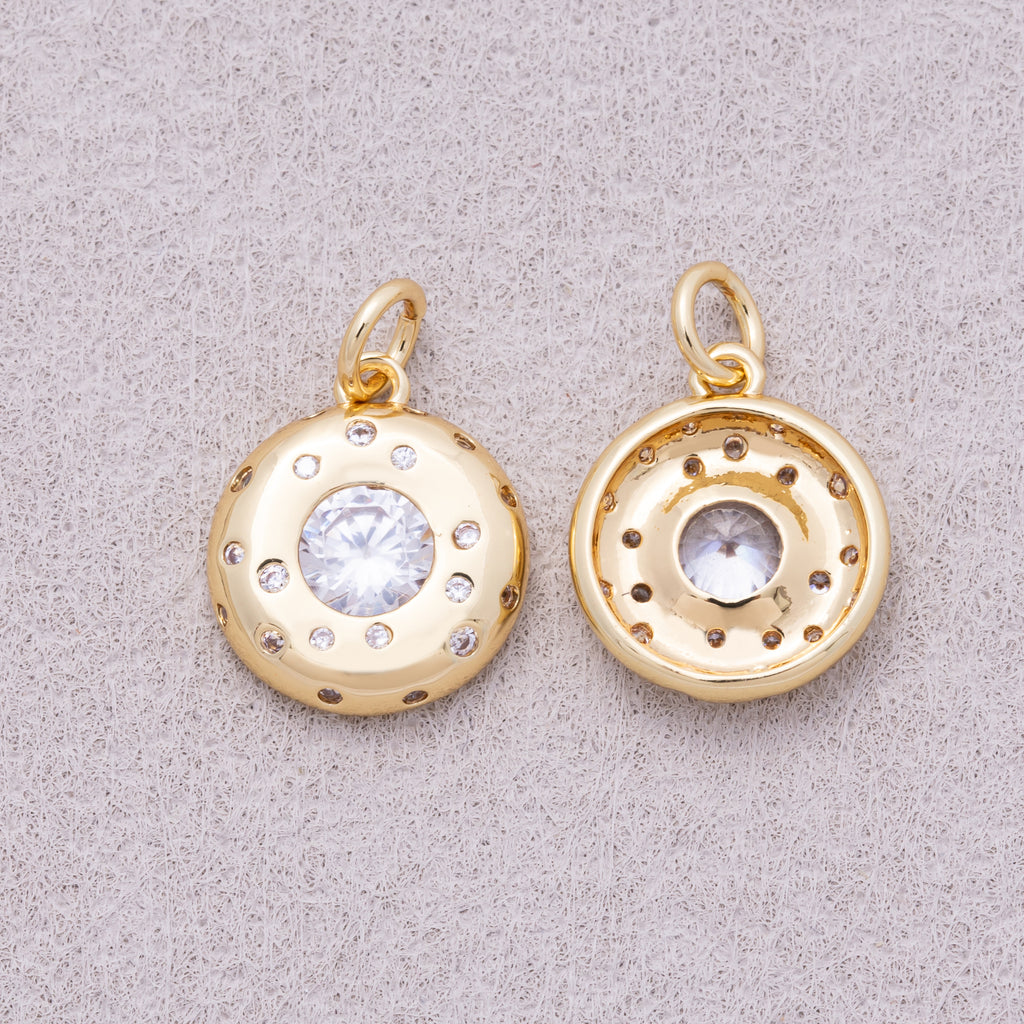 16K Gold Plated Round Beaded CZ Medallion Charm - Sold Each