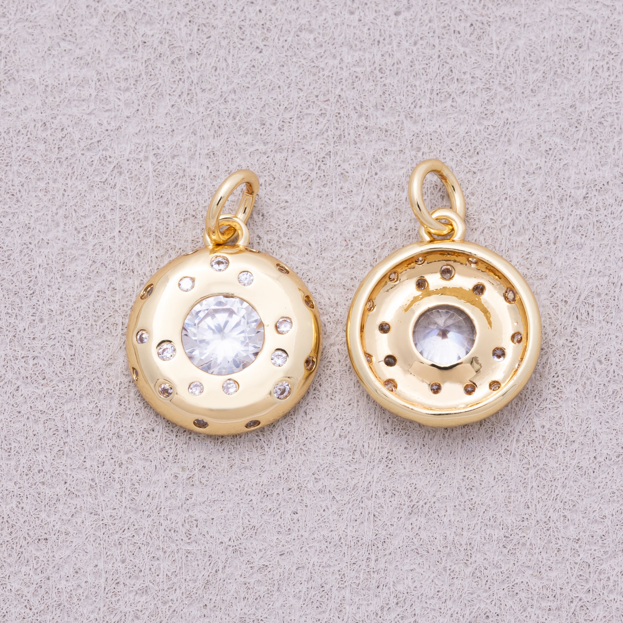 16K Gold Plated Round Beaded CZ Medallion Charm - Sold Each
