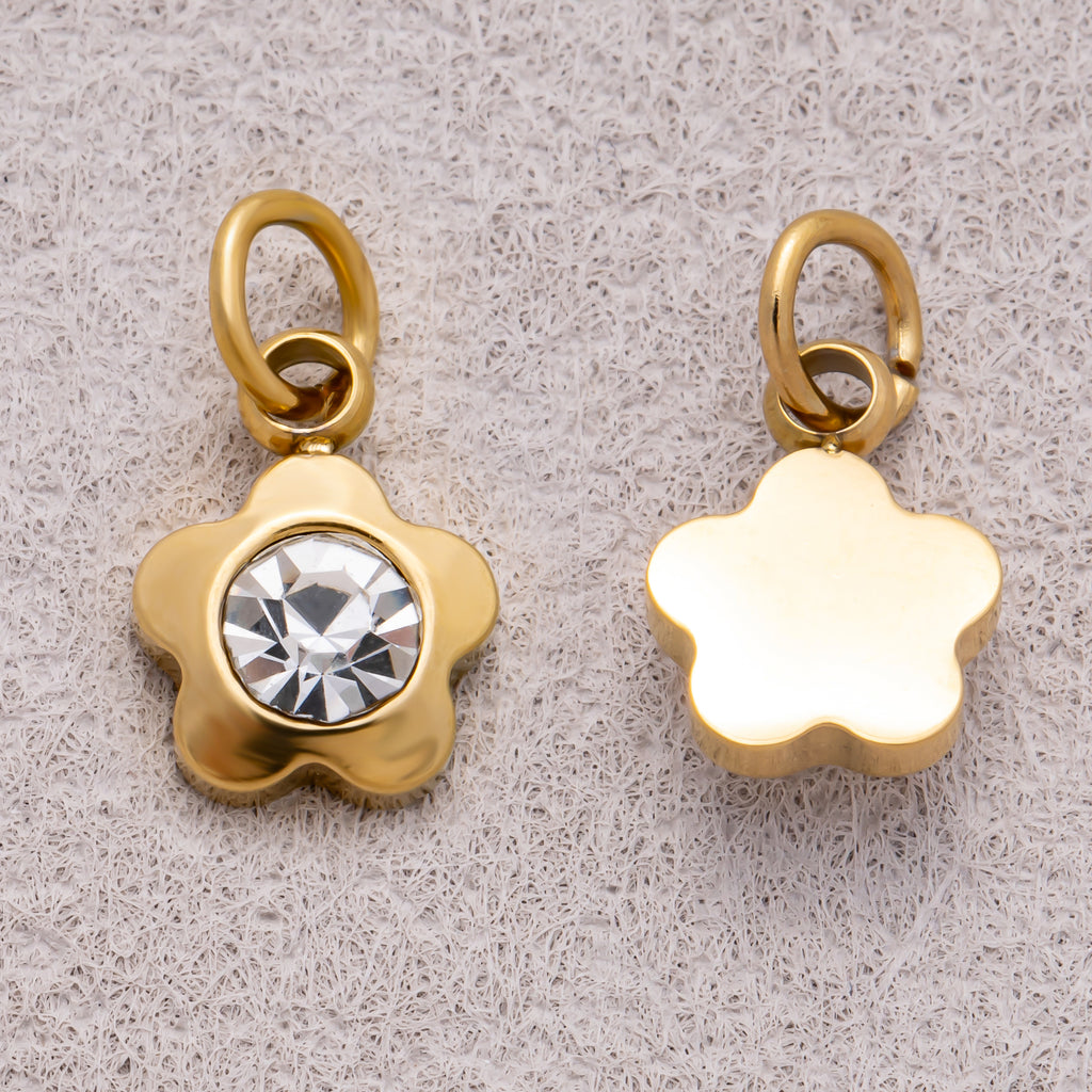 Gold PVD Stainless Steel Round CZ Tiny Bezel Cut Flower Shaped Charm
