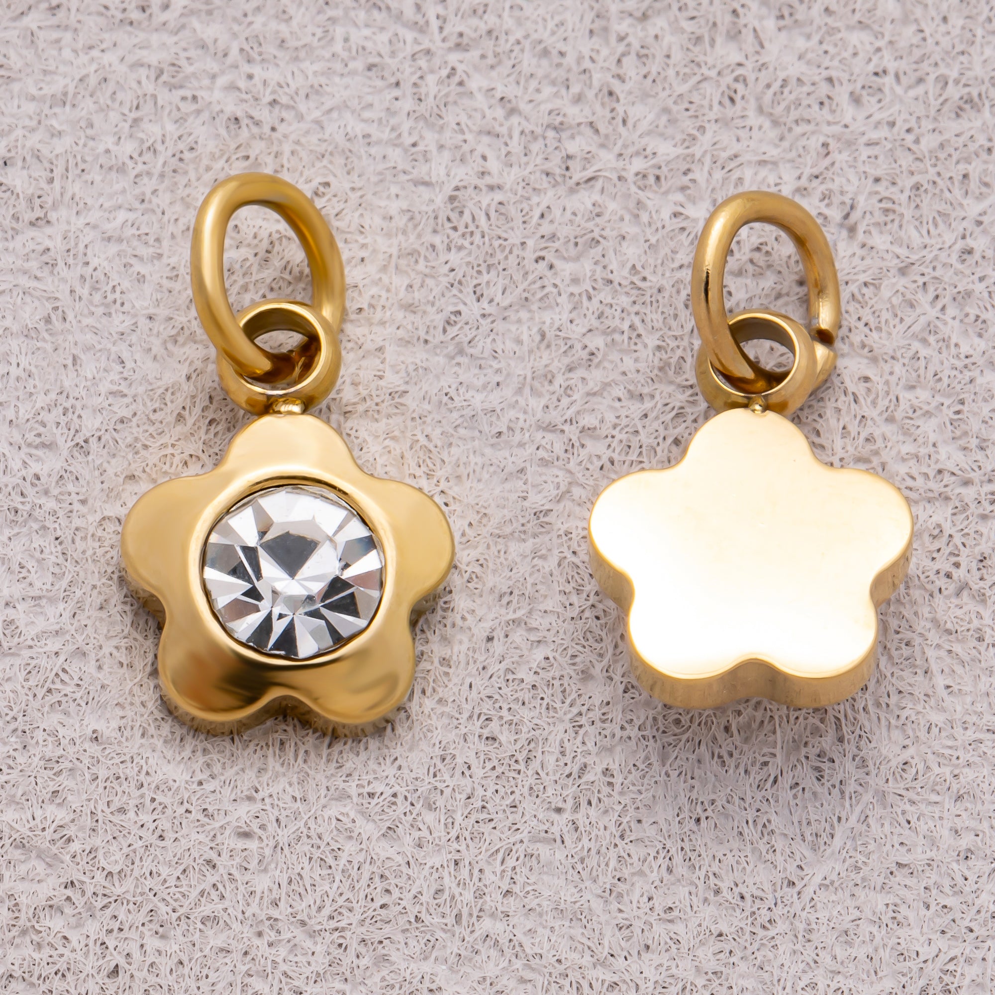 Gold PVD Stainless Steel Round CZ Tiny Bezel Cut Flower Shaped Charm
