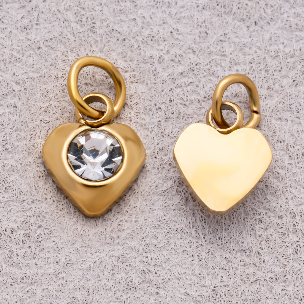 Gold PVD Stainless Steel Round CZ Tiny Bezel Cut Heart Shaped Charm