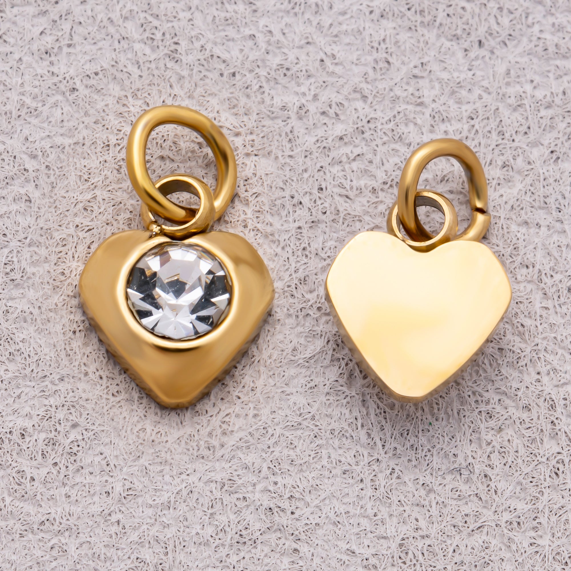 Gold PVD Stainless Steel Round CZ Tiny Bezel Cut Heart Shaped Charm