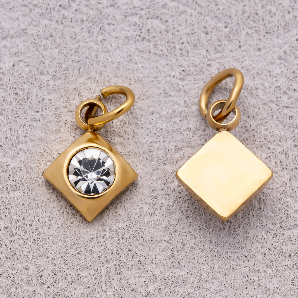 Gold PVD Stainless Steel Round CZ Tiny Bezel Cut Rhombus Charm