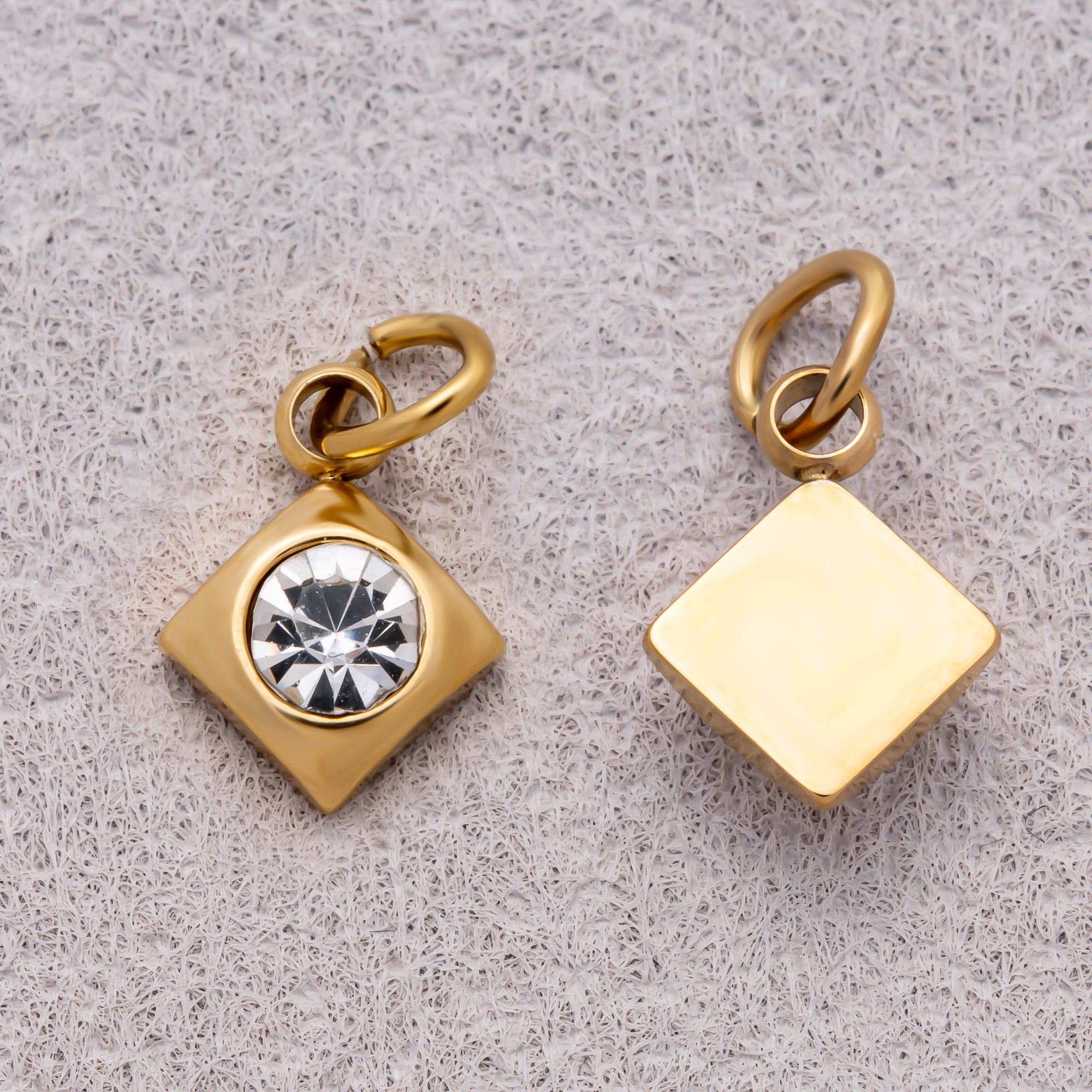 Gold PVD Stainless Steel Round CZ Tiny Bezel Cut Rhombus Charm